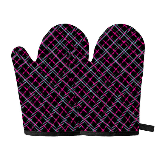 Black Pink And Blue Tartan Pattern Print Oven Mitts
