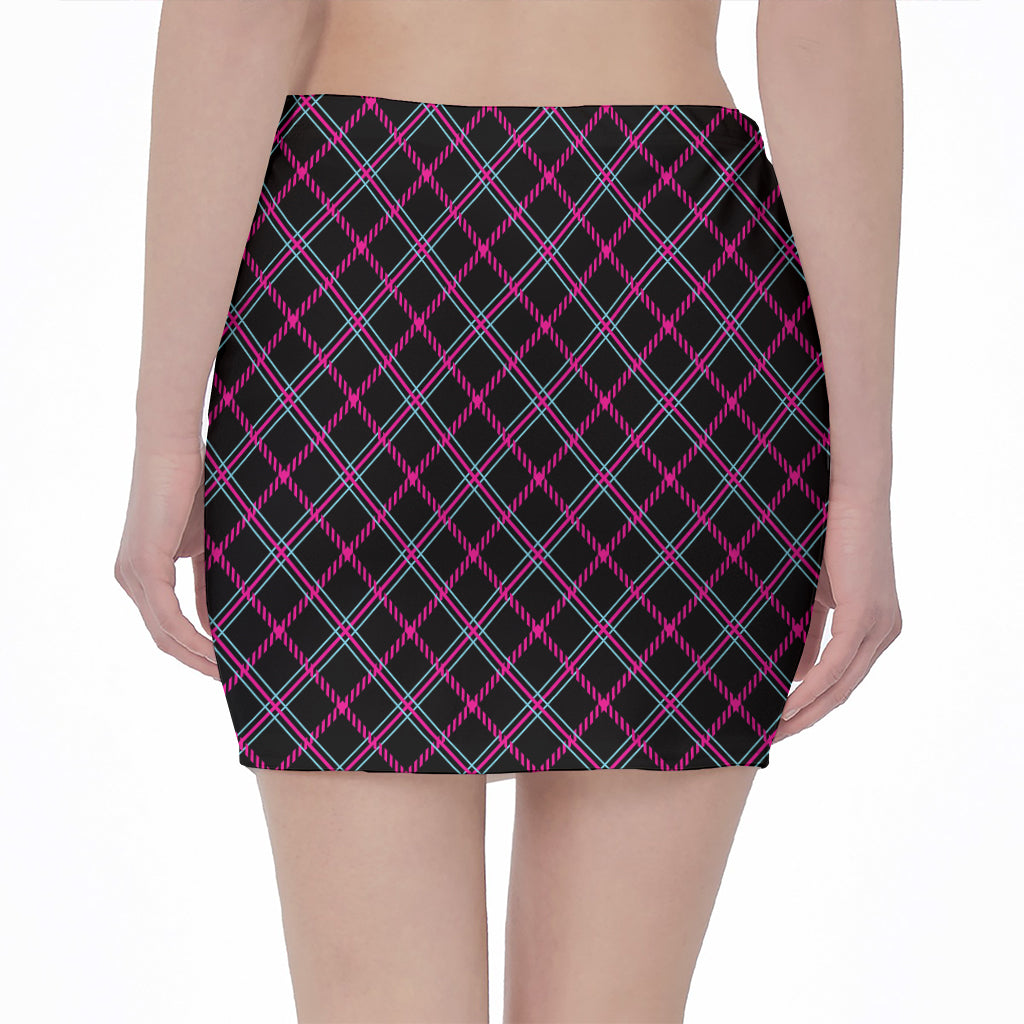 Black Pink And Blue Tartan Pattern Print Pencil Mini Skirt