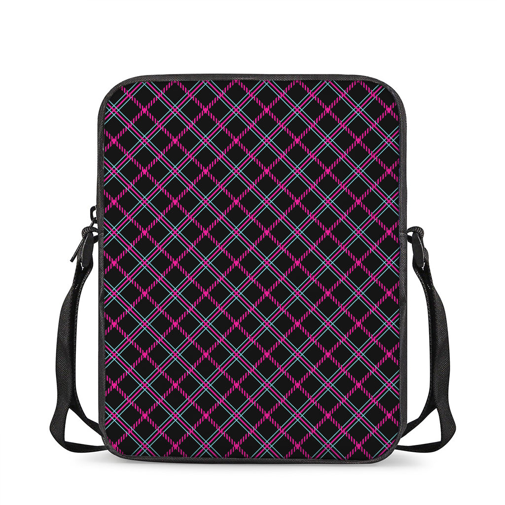 Black Pink And Blue Tartan Pattern Print Rectangular Crossbody Bag