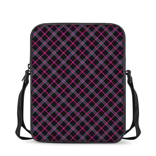 Black Pink And Blue Tartan Pattern Print Rectangular Crossbody Bag