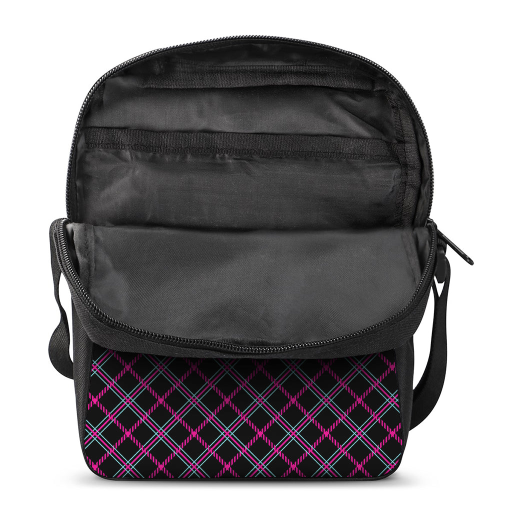 Black Pink And Blue Tartan Pattern Print Rectangular Crossbody Bag