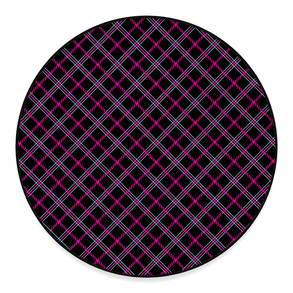 Black Pink And Blue Tartan Pattern Print Round Floor Mat