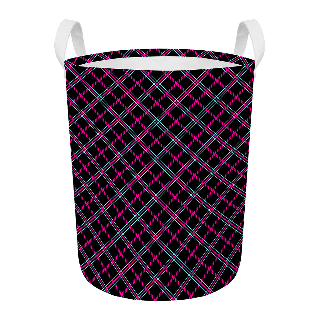 Black Pink And Blue Tartan Pattern Print Round Laundry Basket