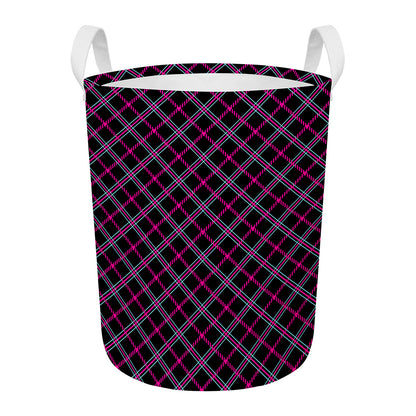 Black Pink And Blue Tartan Pattern Print Round Laundry Basket