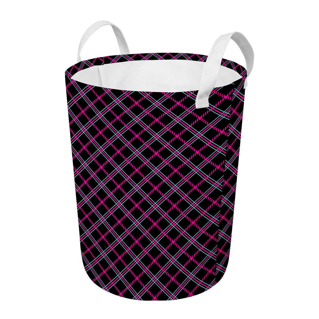 Black Pink And Blue Tartan Pattern Print Round Laundry Basket