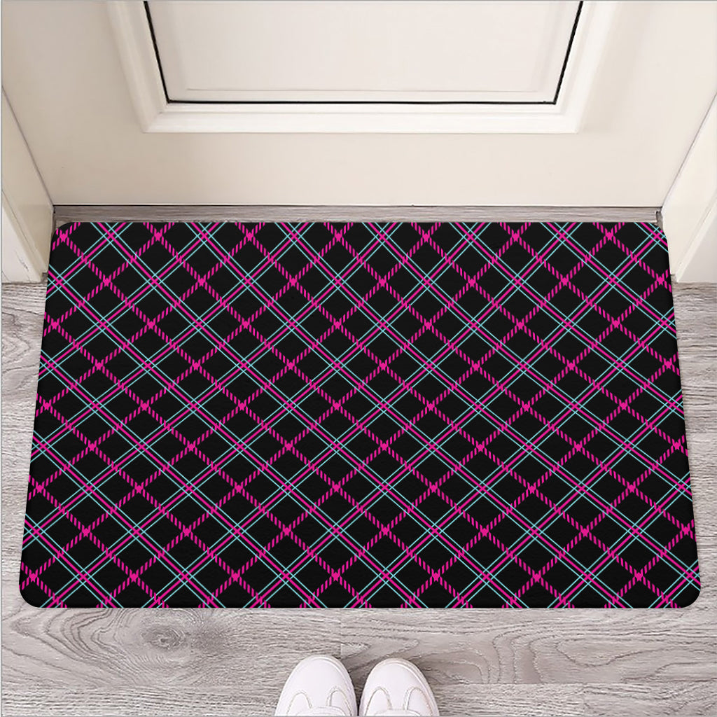 Black Pink And Blue Tartan Pattern Print Rubber Doormat