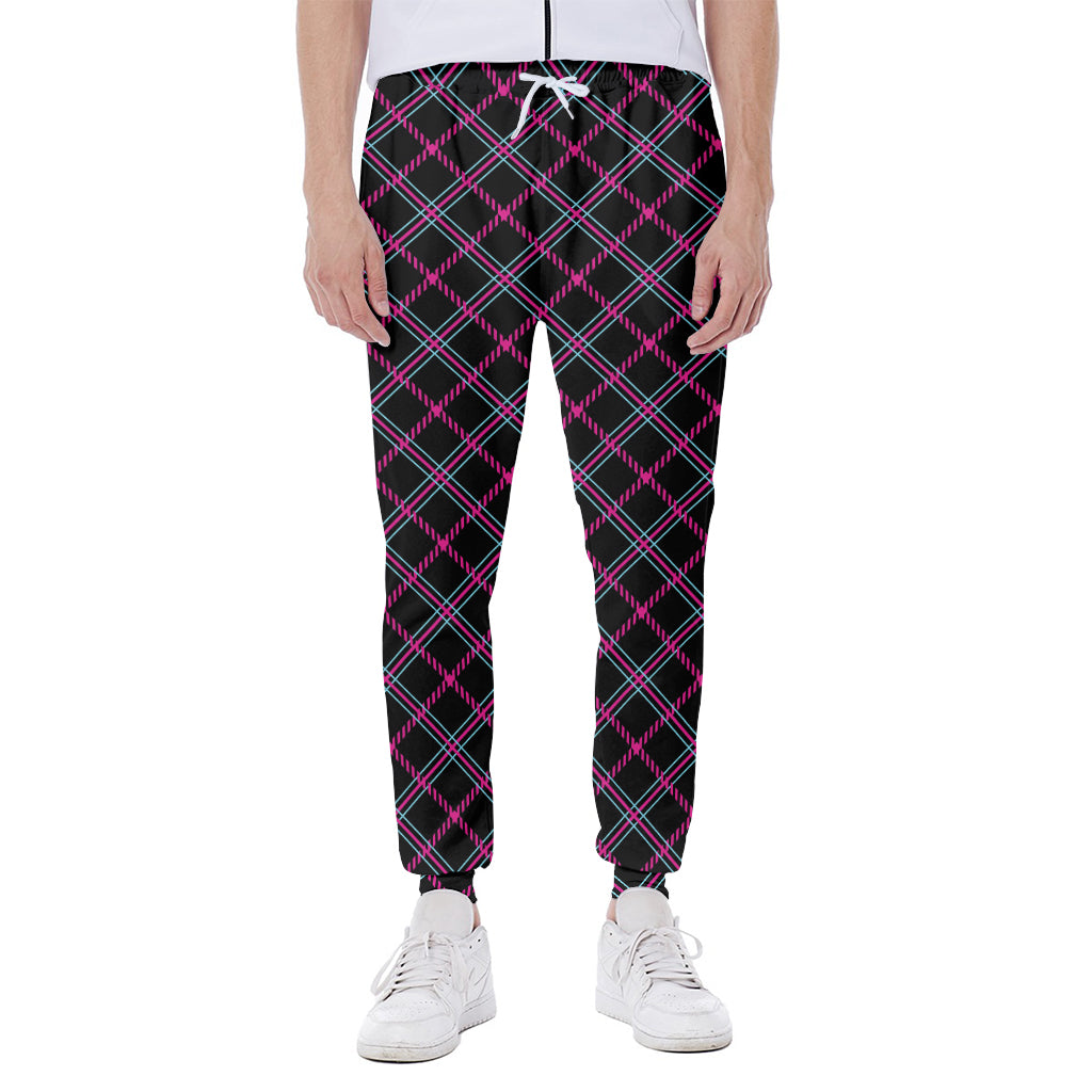 Black Pink And Blue Tartan Pattern Print Scuba Joggers