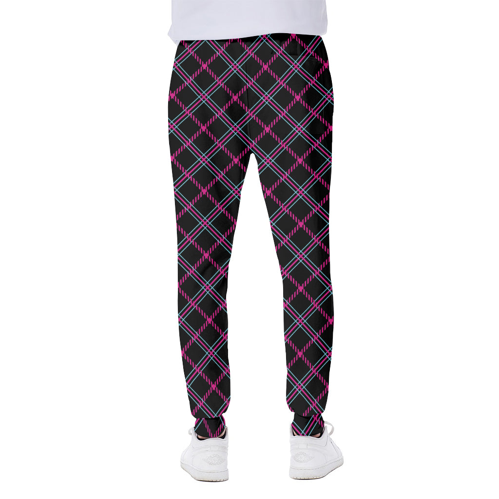 Black Pink And Blue Tartan Pattern Print Scuba Joggers