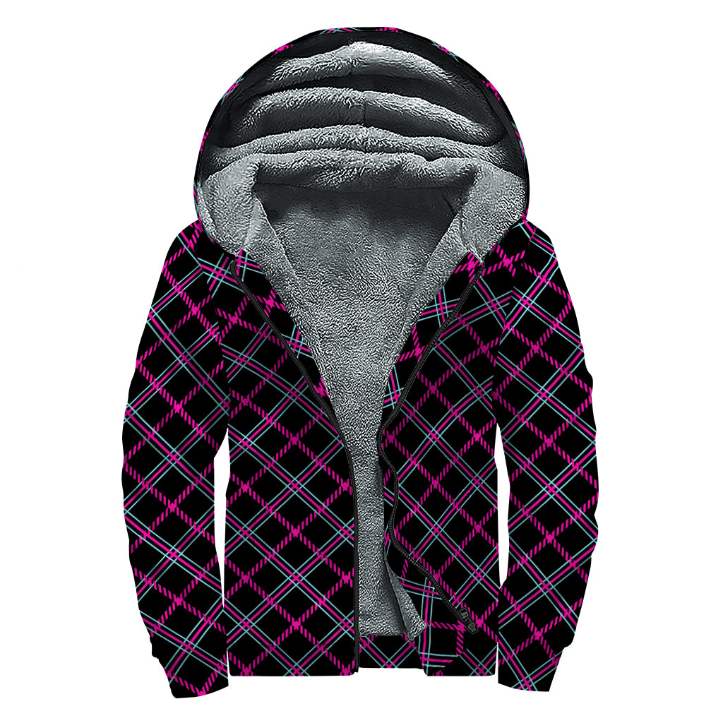 Black Pink And Blue Tartan Pattern Print Sherpa Lined Zip Up Hoodie