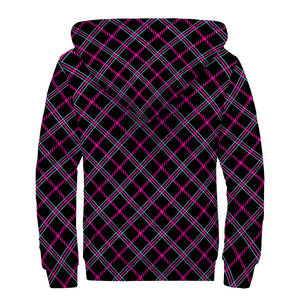 Black Pink And Blue Tartan Pattern Print Sherpa Lined Zip Up Hoodie