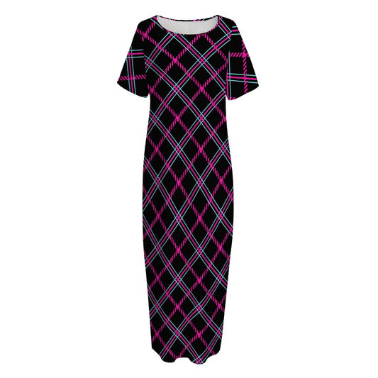 Black Pink And Blue Tartan Pattern Print Short Sleeve Long Nightdress