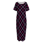 Black Pink And Blue Tartan Pattern Print Short Sleeve Long Nightdress