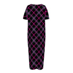 Black Pink And Blue Tartan Pattern Print Short Sleeve Long Nightdress