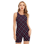 Black Pink And Blue Tartan Pattern Print Sleeveless One Piece Swimsuit