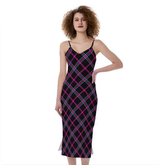 Black Pink And Blue Tartan Pattern Print Slim Fit Midi Cami Dress