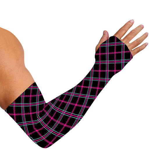 Black Pink And Blue Tartan Pattern Print Sun Protection Arm Sleeves