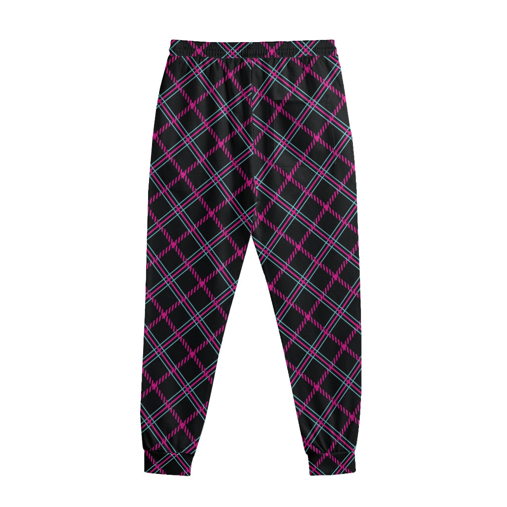 Black Pink And Blue Tartan Pattern Print Sweatpants