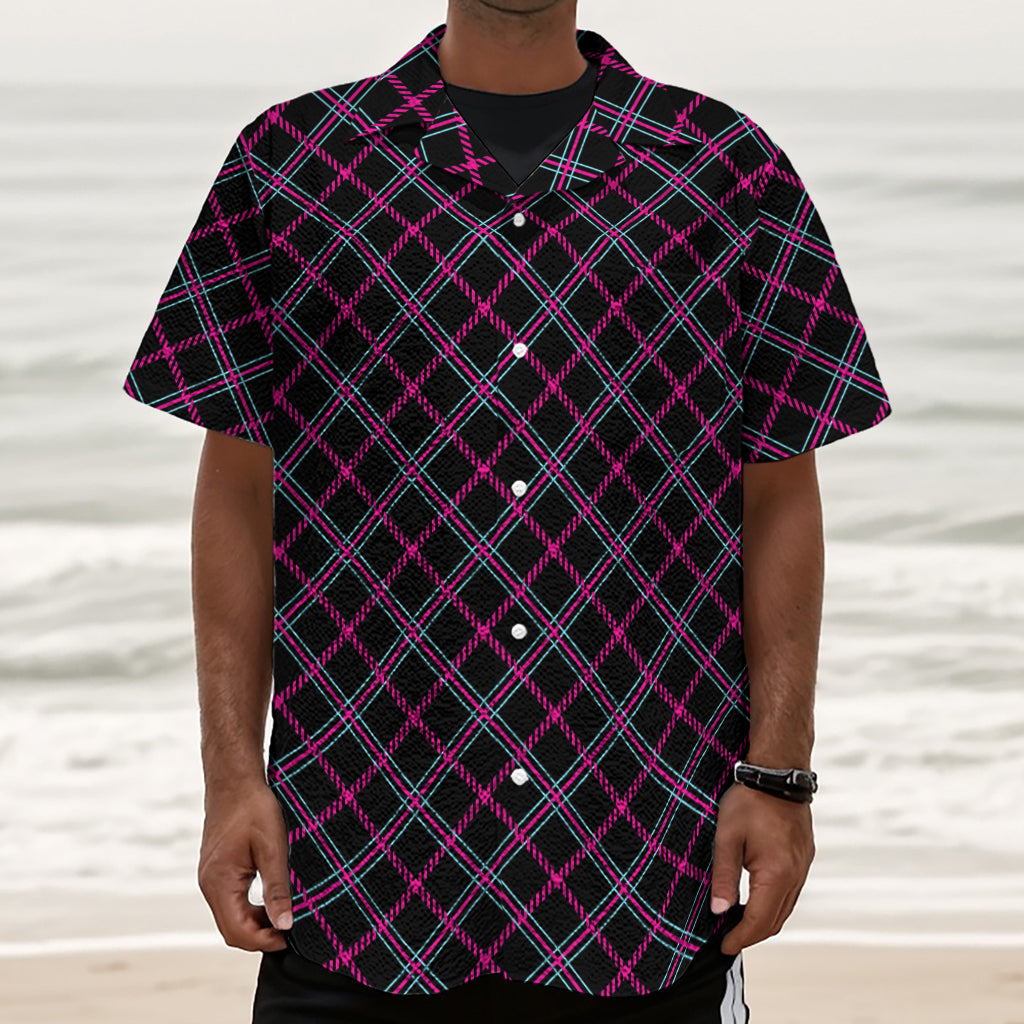 Black Pink And Blue Tartan Pattern Print Textured Short Sleeve Shirt