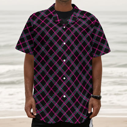 Black Pink And Blue Tartan Pattern Print Textured Short Sleeve Shirt