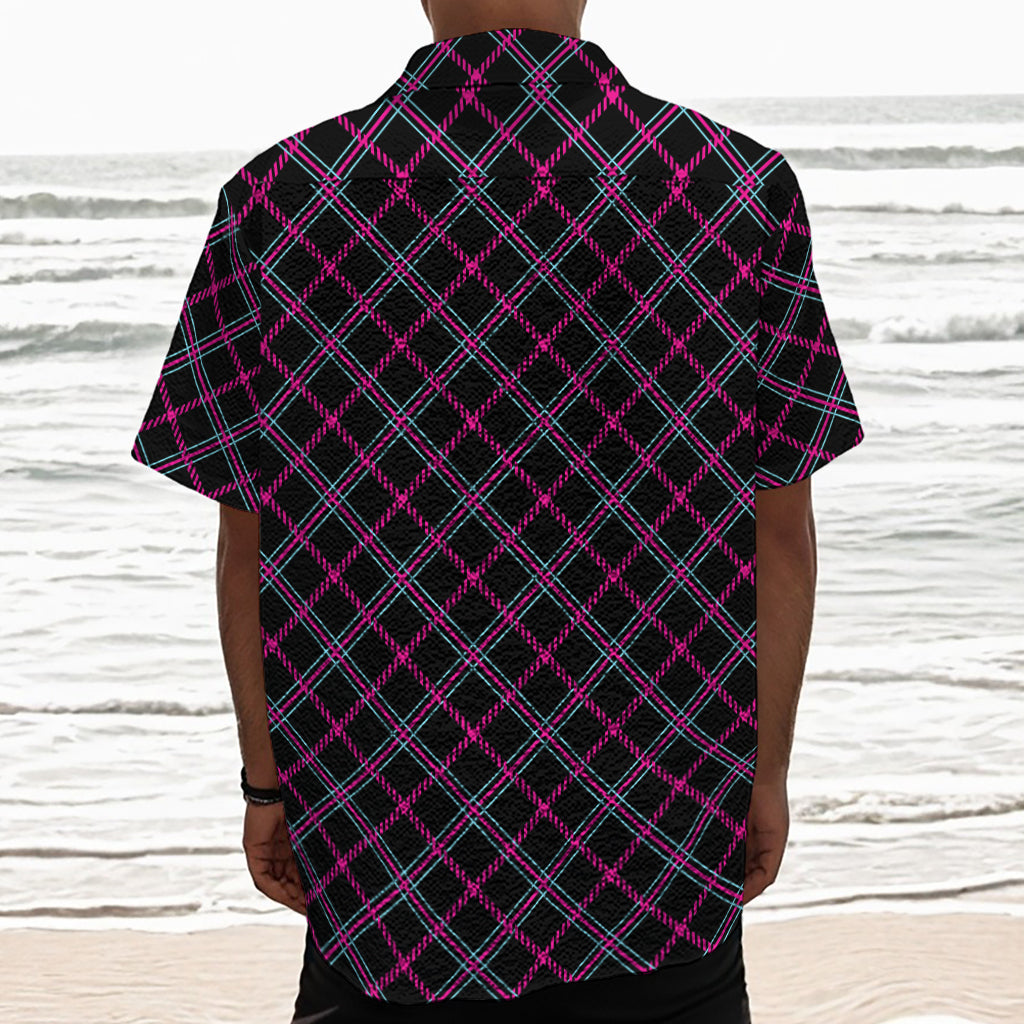 Black Pink And Blue Tartan Pattern Print Textured Short Sleeve Shirt