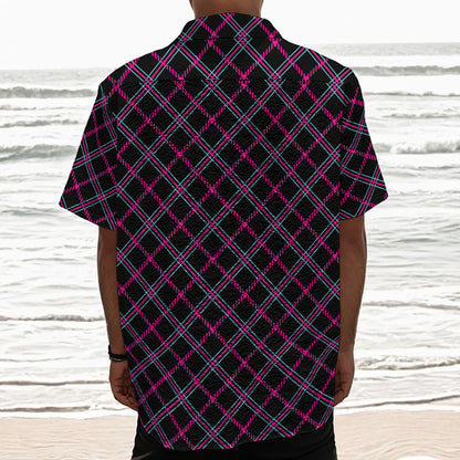Black Pink And Blue Tartan Pattern Print Textured Short Sleeve Shirt