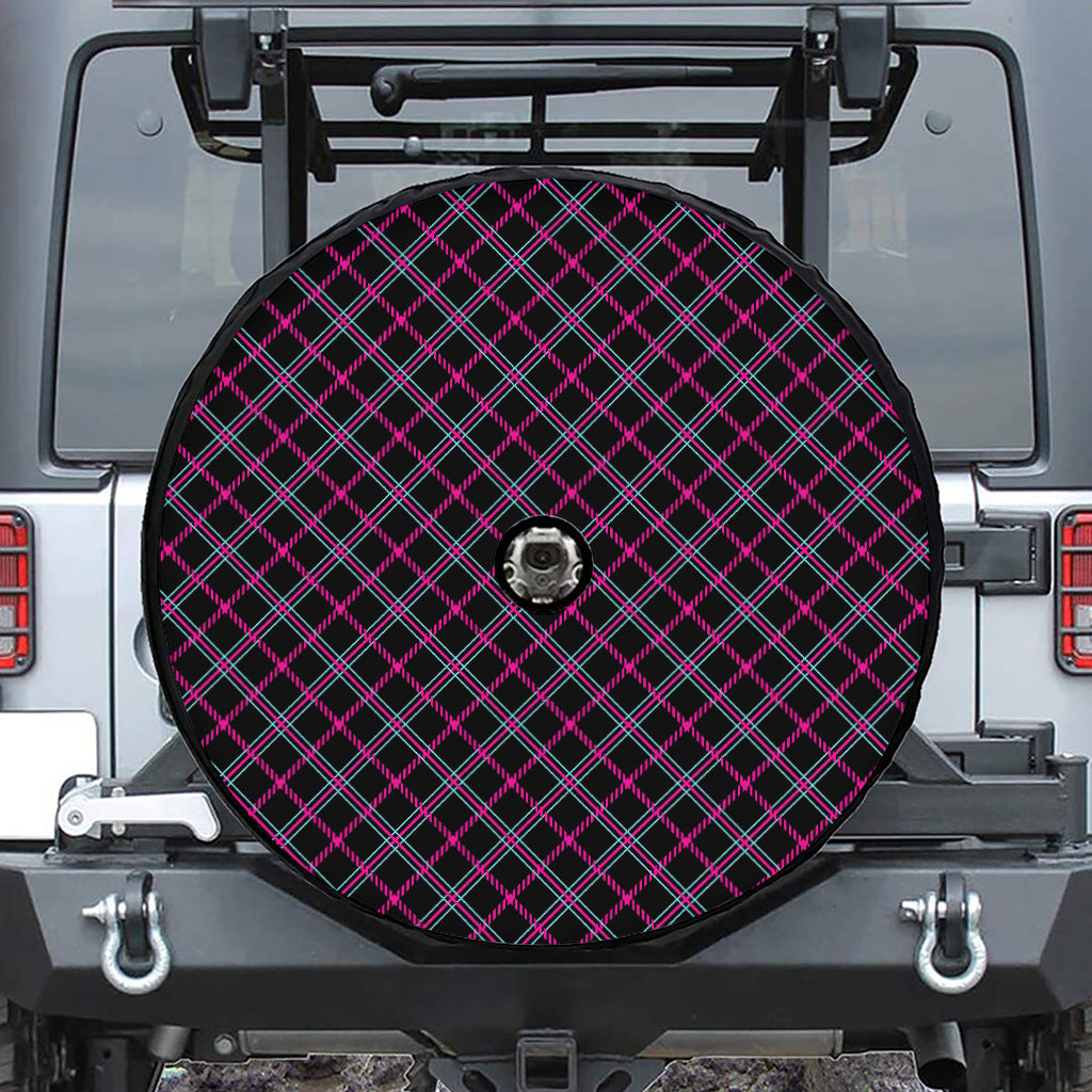 Black Pink And Blue Tartan Pattern Print Tire Cover With Camera Hole