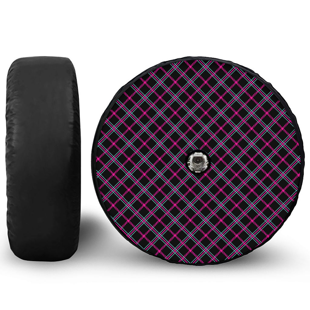 Black Pink And Blue Tartan Pattern Print Tire Cover With Camera Hole