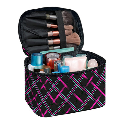 Black Pink And Blue Tartan Pattern Print Travel Makeup Bag