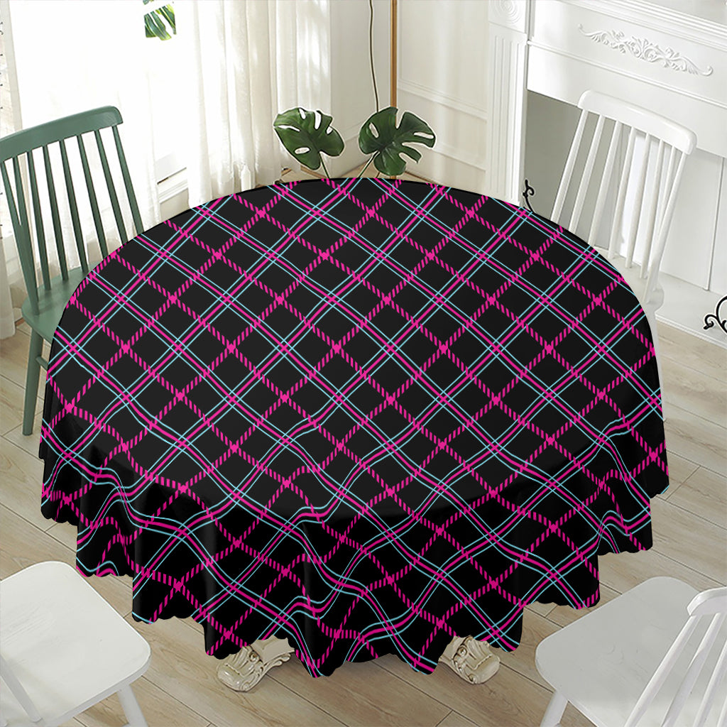 Black Pink And Blue Tartan Pattern Print Waterproof Round Tablecloth