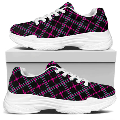 Black Pink And Blue Tartan Pattern Print White Chunky Shoes