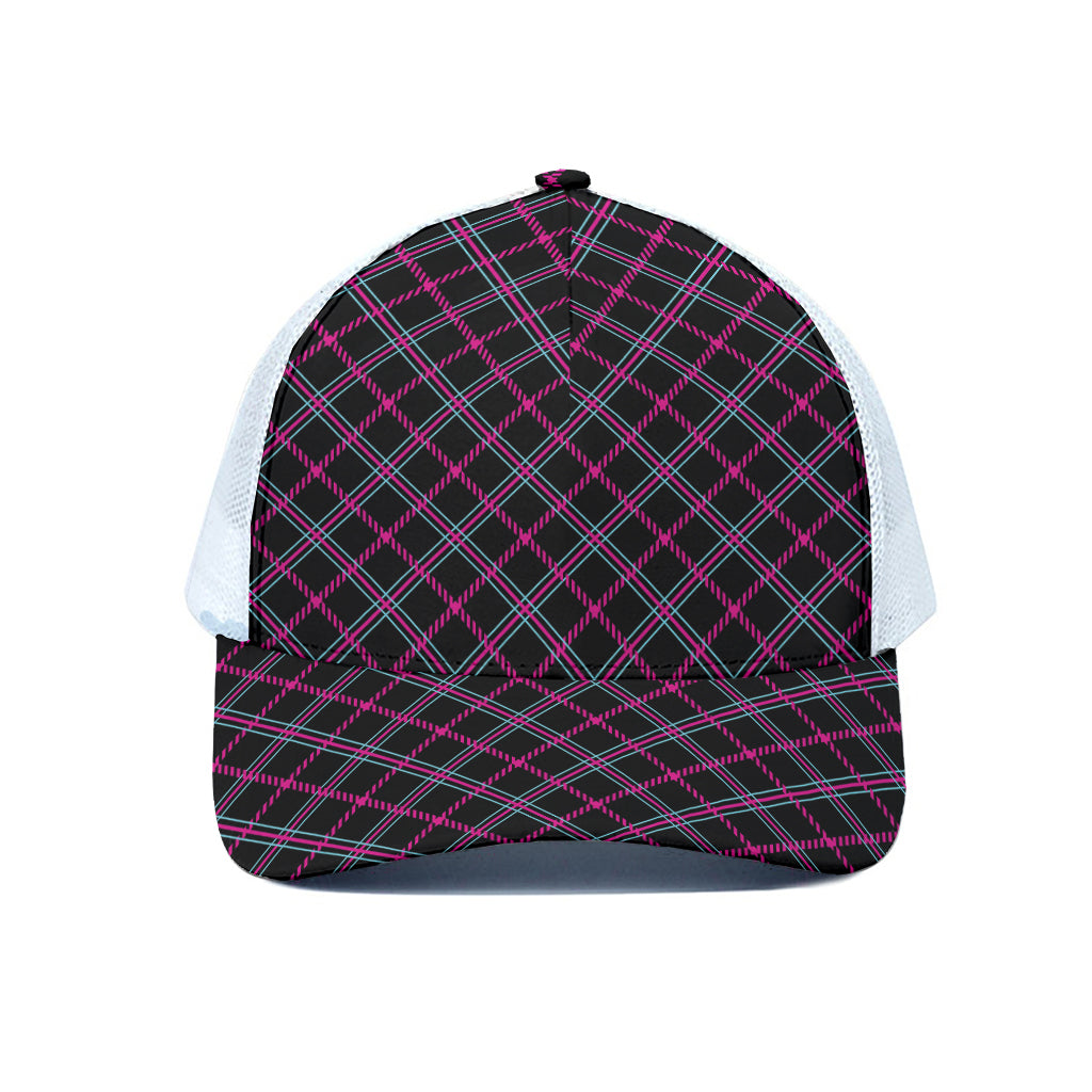 Black Pink And Blue Tartan Pattern Print White Mesh Trucker Cap