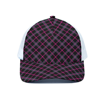 Black Pink And Blue Tartan Pattern Print White Mesh Trucker Cap