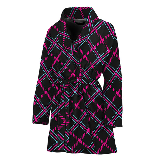 Black Pink And Blue Tartan Pattern Print Women's Bathrobe