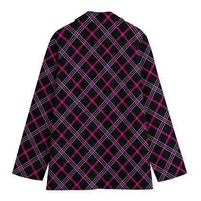 Black Pink And Blue Tartan Pattern Print Women's Blazer