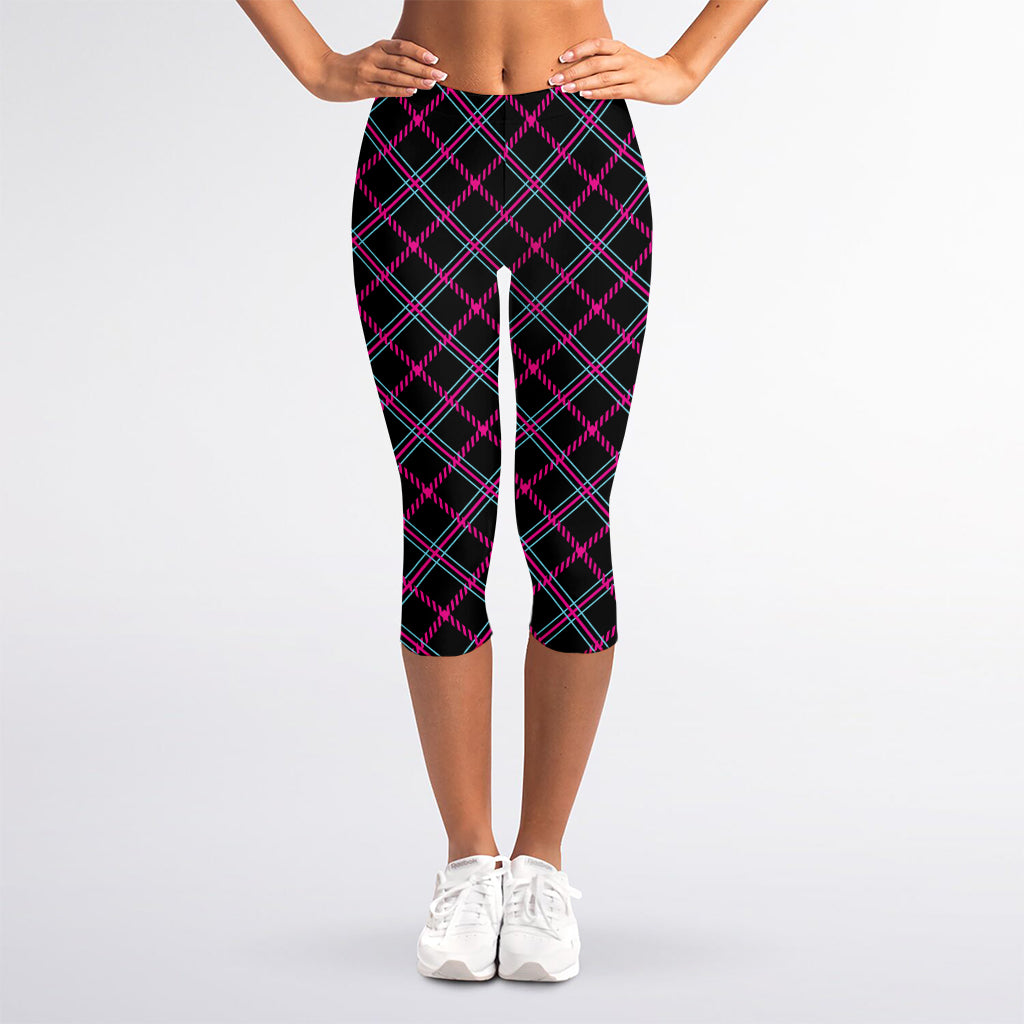 Black Pink And Blue Tartan Pattern Print Women's Capri Leggings