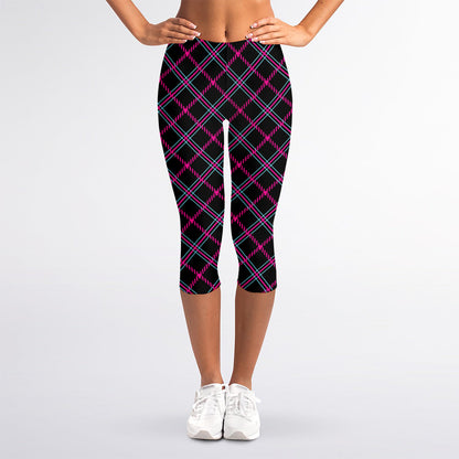 Black Pink And Blue Tartan Pattern Print Women's Capri Leggings