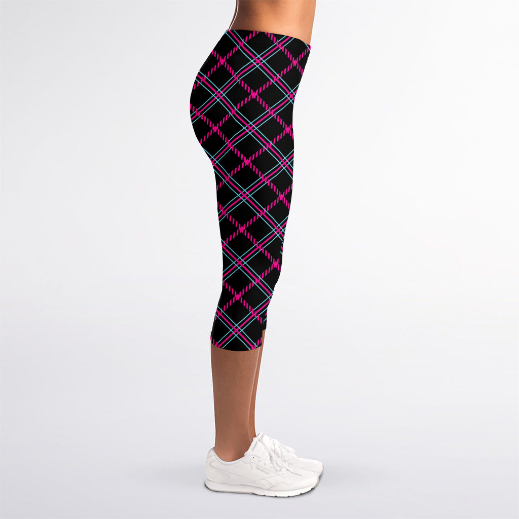 Black Pink And Blue Tartan Pattern Print Women's Capri Leggings