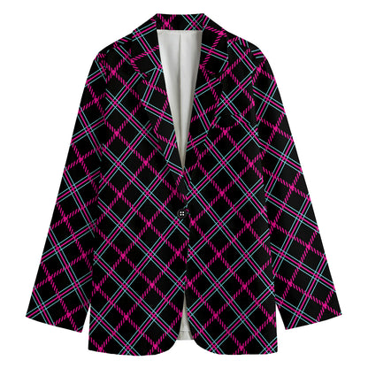 Black Pink And Blue Tartan Pattern Print Women's Cotton Blazer