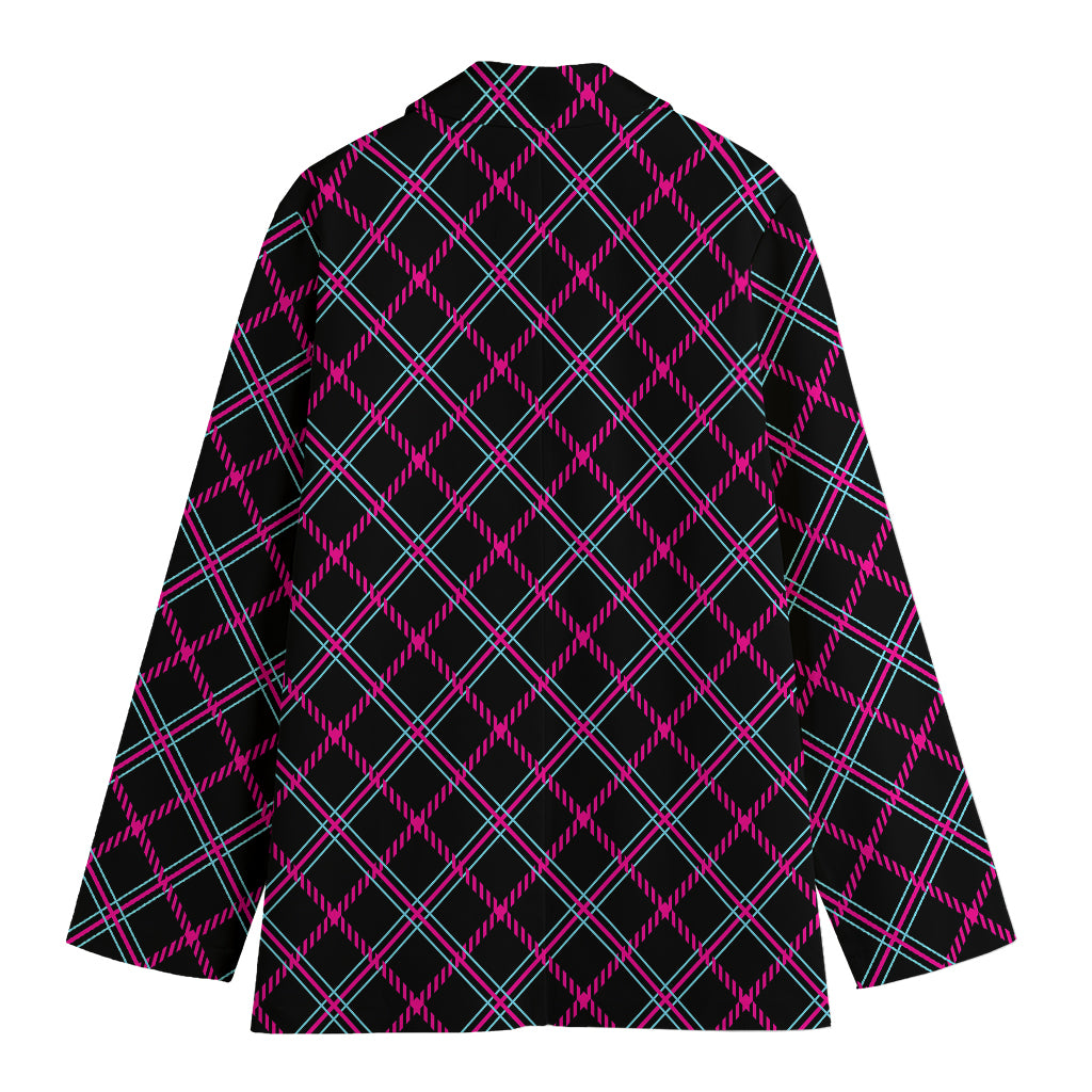 Black Pink And Blue Tartan Pattern Print Women's Cotton Blazer