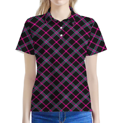 Black Pink And Blue Tartan Pattern Print Women's Polo Shirt