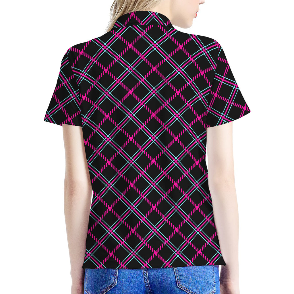 Black Pink And Blue Tartan Pattern Print Women's Polo Shirt