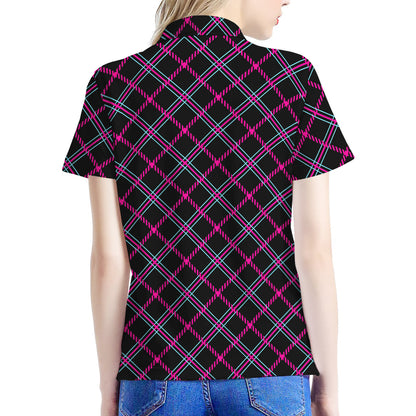 Black Pink And Blue Tartan Pattern Print Women's Polo Shirt