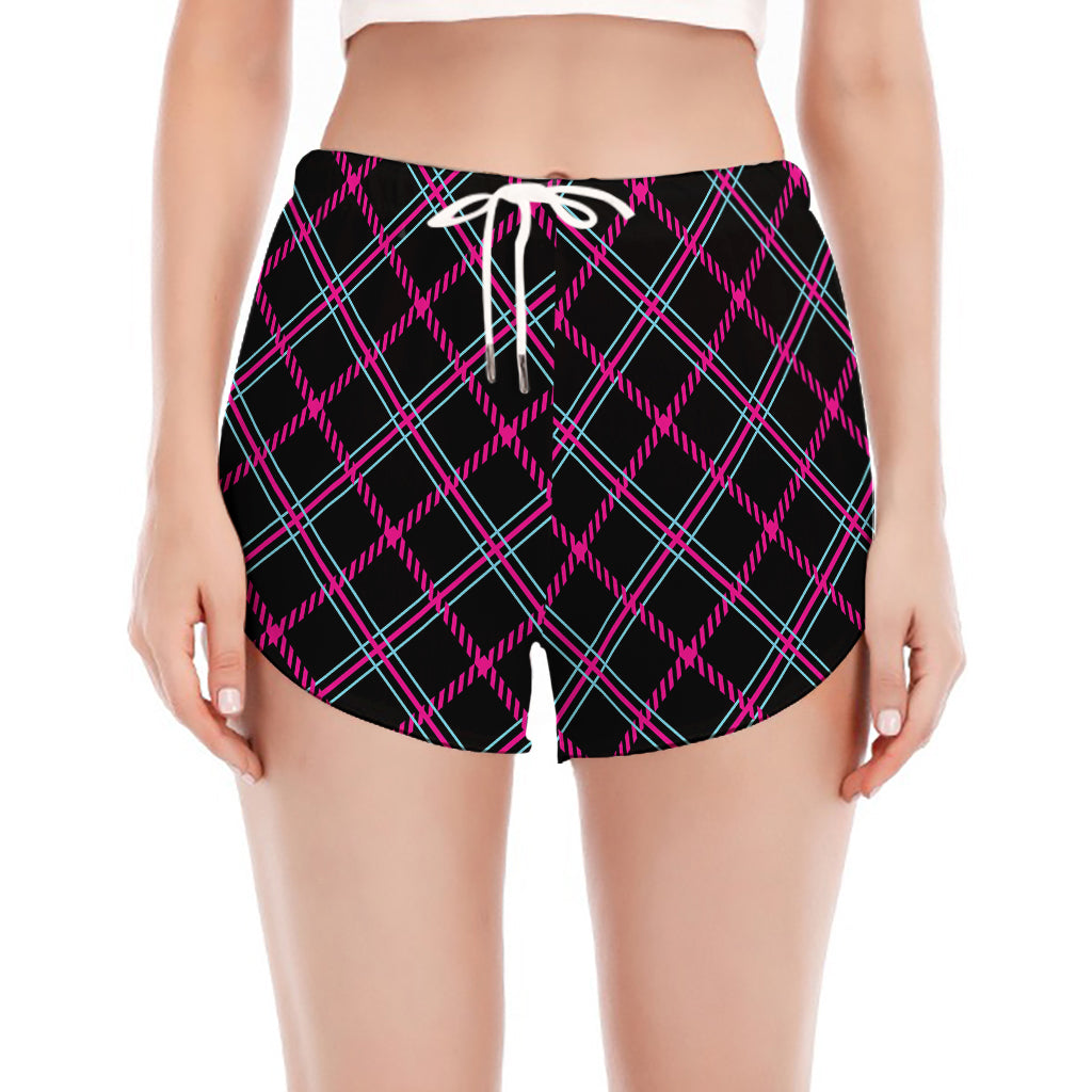 Black Pink And Blue Tartan Pattern Print Women's Split Running Shorts