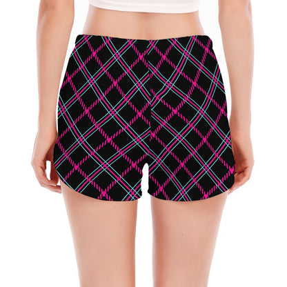 Black Pink And Blue Tartan Pattern Print Women's Split Running Shorts