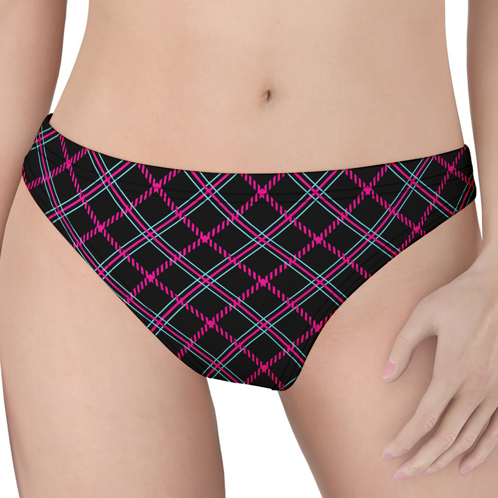 Black Pink And Blue Tartan Pattern Print Women's Thong