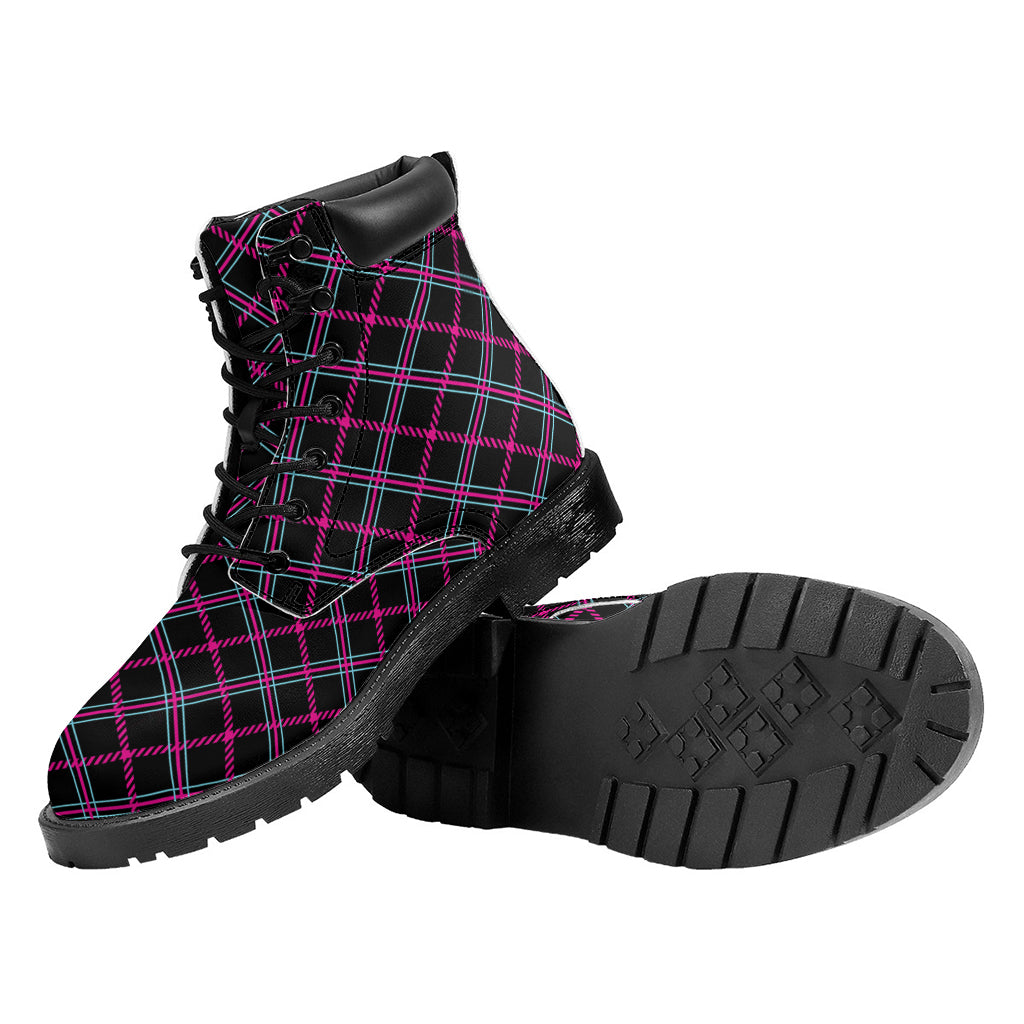 Black Pink And Blue Tartan Pattern Print Work Boots