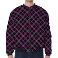 Black Pink And Blue Tartan Pattern Print Zip Sleeve Bomber Jacket