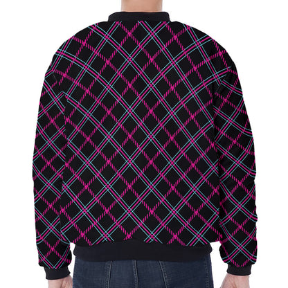 Black Pink And Blue Tartan Pattern Print Zip Sleeve Bomber Jacket