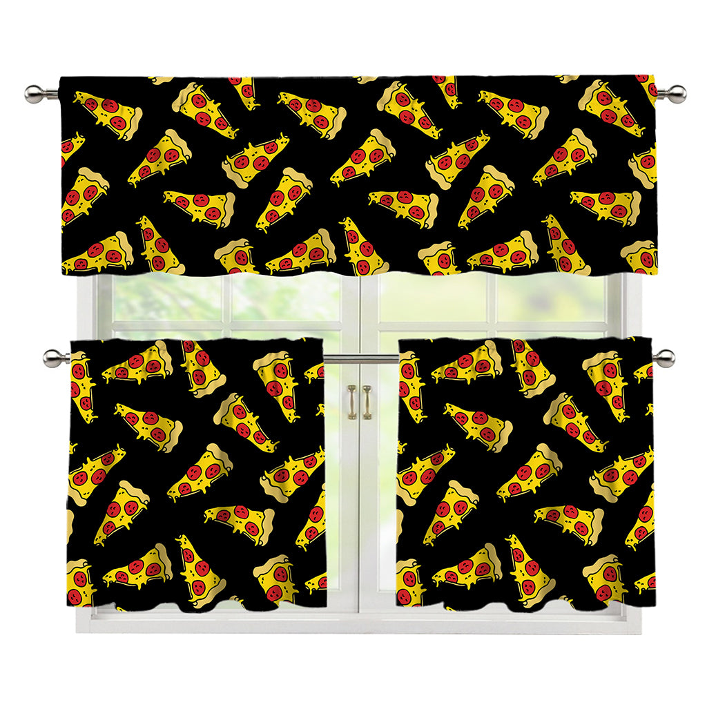 Black Pizza Pattern Print 3 Piece Kitchen Curtains