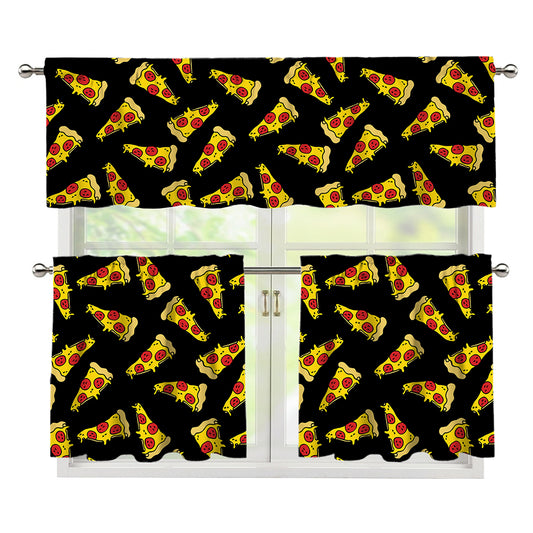 Black Pizza Pattern Print 3 Piece Kitchen Curtains